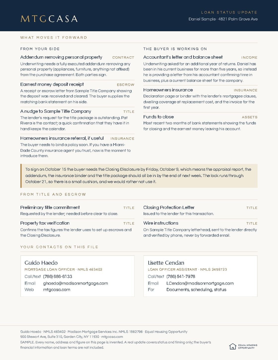Page two of a sample update. Every name and address on it is invented; a real update covers status and timing only.